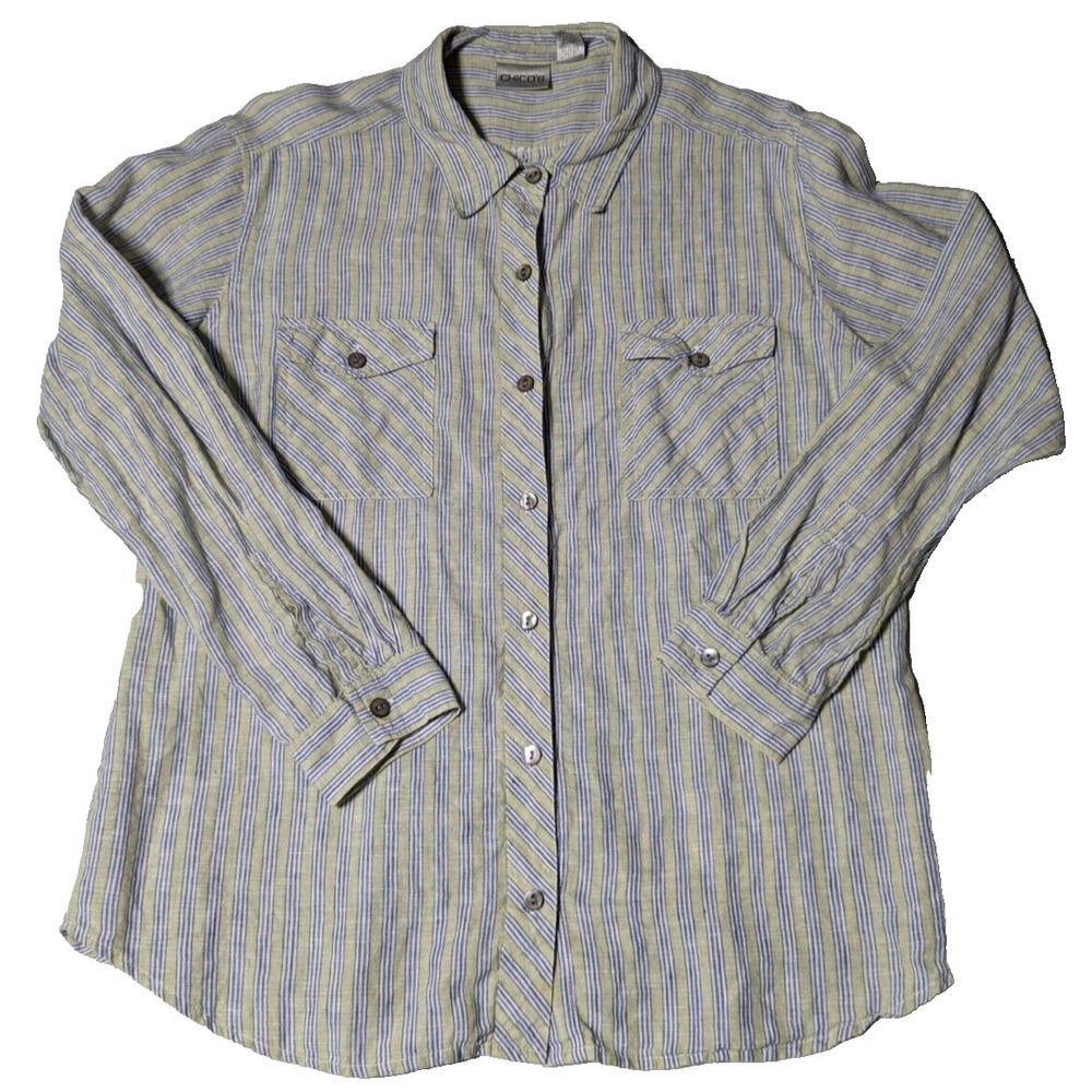 CHICO'S LINEN Women Size 2 US (LARGE 12) Green Blue Striped Button-Up Shirt